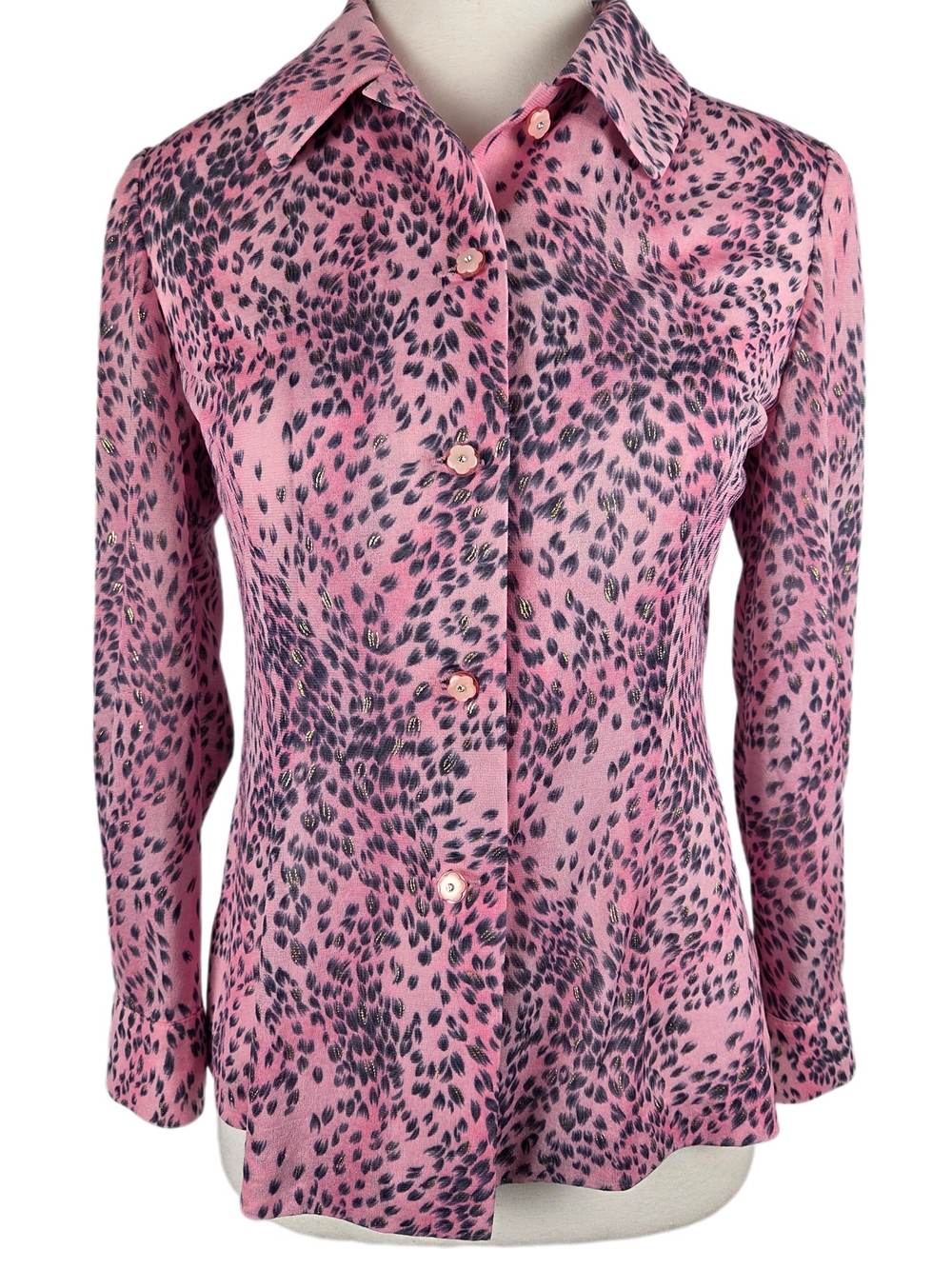 Western Y2K Pink Cheetah Shimmer Long Sleeve Top Flower Rhinestone Accent Button